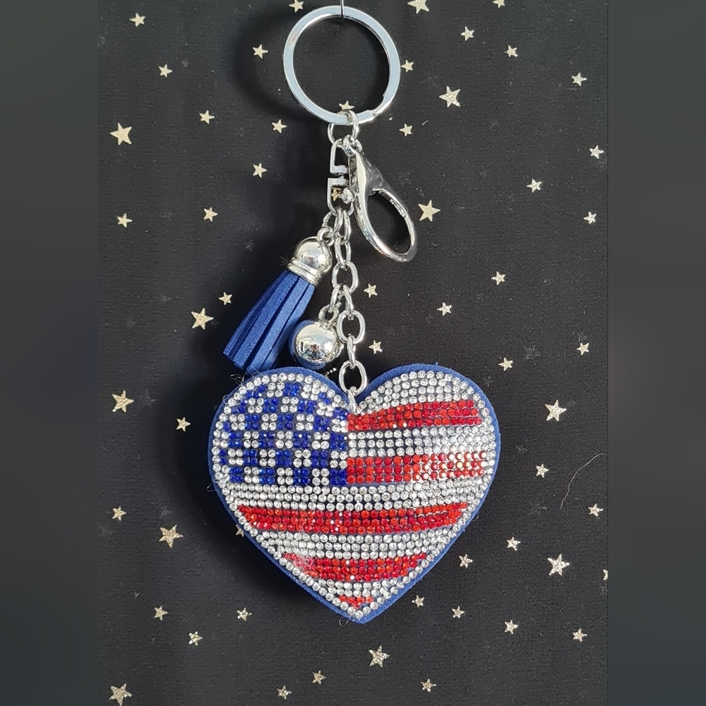 Americana Bling Heart Keychain Bag Charm